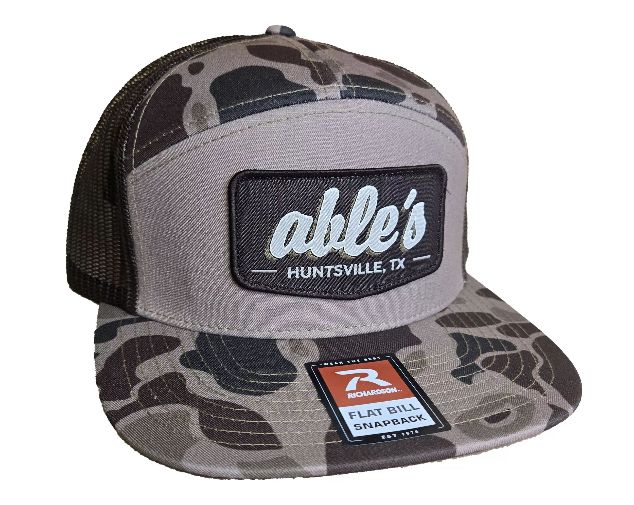 Able's Cap 168P 7 Panel Trucker, Bark Duck Camo, Brown Mesh(AC015)