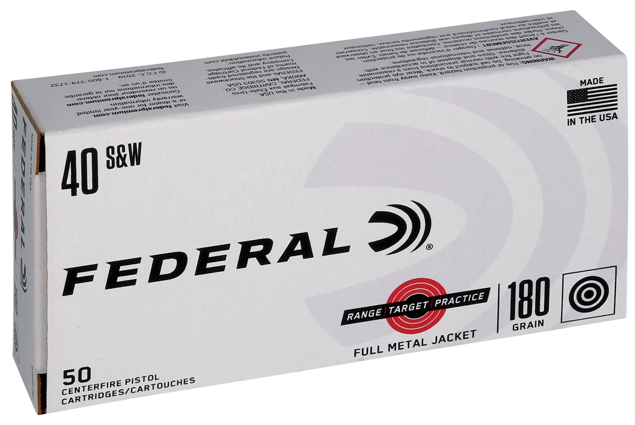 Federal Range Target Practice Handgun Ammunition RTP40180, 40 S&W, Full Metal Jacket, 180 Gr, 1000 fps, 50 Rd/bx
